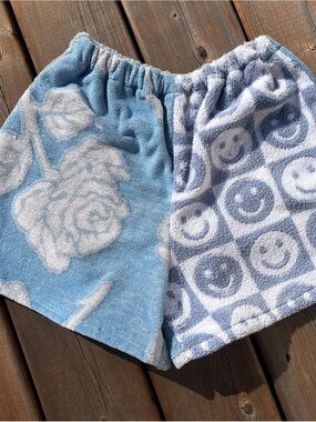 Upcycled Towel Shorts - Blue Women’s Floral Happy Face